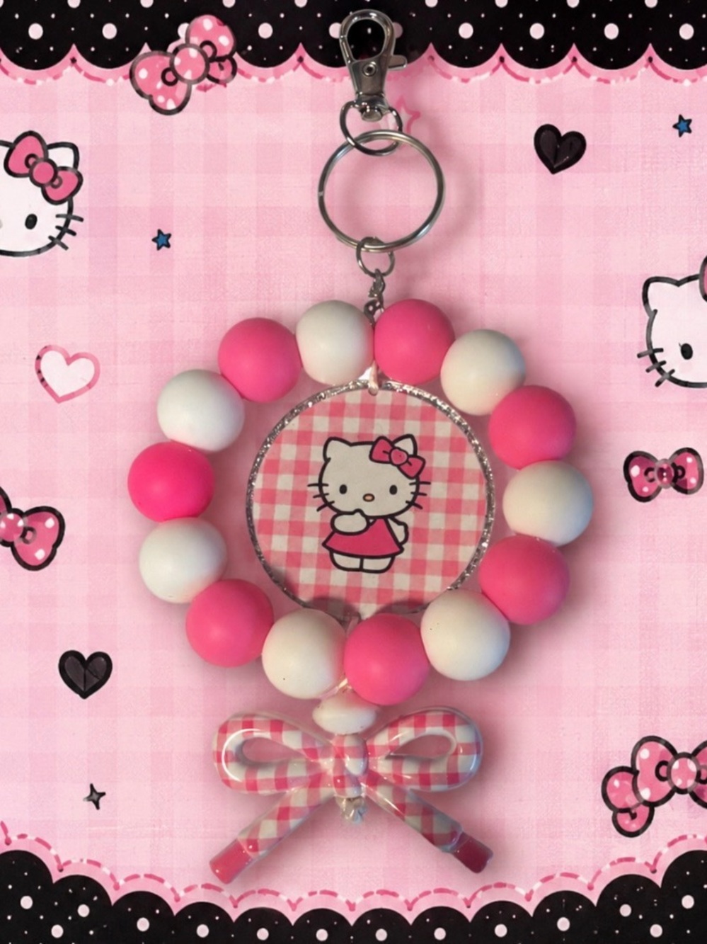 Handmade Pink & White Gingham Beaded Keychain